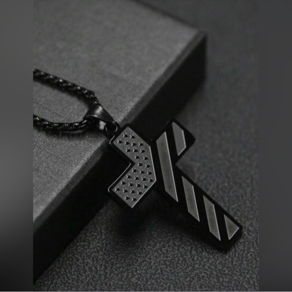 Black American Flag Cross Pendant Necklace with Lords Prayer on Back NIB